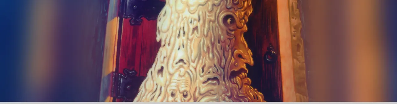 Waxworks key art: a melting wax head with a staring eye and screaming faces in its folds, in front of a red iron-hinged door