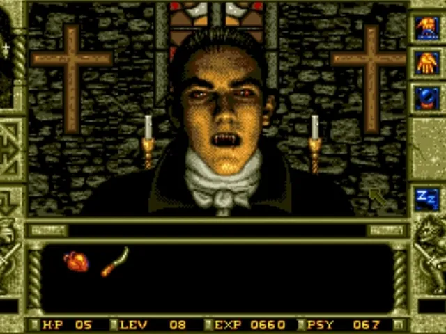Waxworks screenshot: a pale vampire with fangs bared stands between two crosses and lit candles
