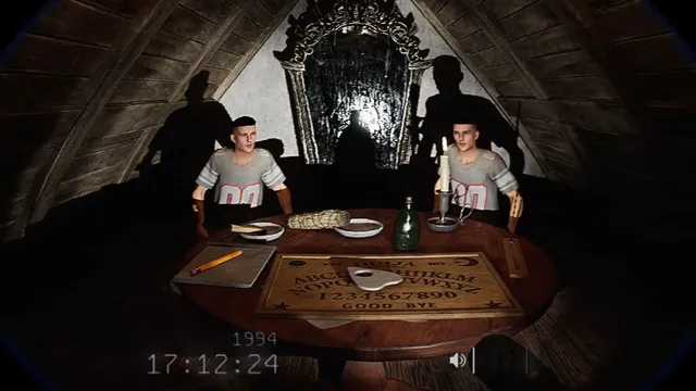 Two players in jerseys around a candlelit seance table with a Ouija board in a dark attic, seen through a 1994 camcorder overlay