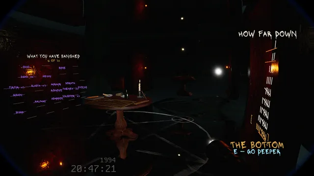 A dark ritual room with a list of banished demons and a How Far Down tally of floors