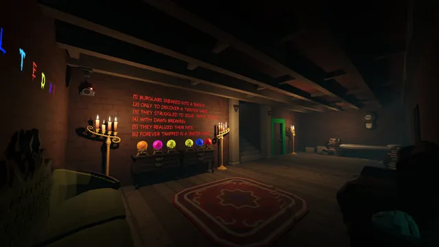 We Escaped a Twisted Game screenshot: a candlelit cellar with coloured orbs and red writing on the wall
