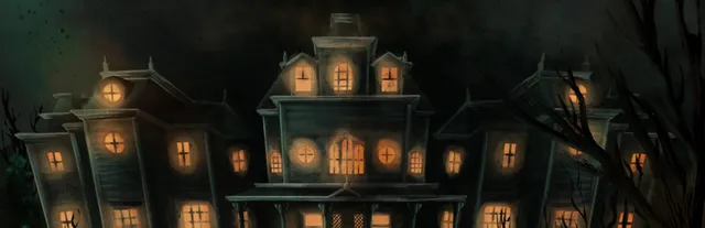 We Escaped a Twisted Game key art: a dark manor with glowing windows behind bare trees