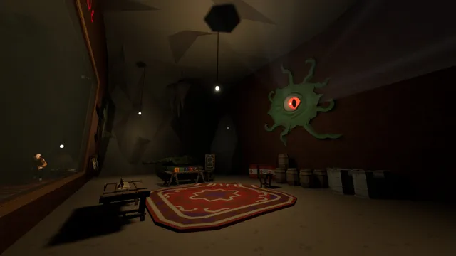 We Escaped a Twisted Game screenshot: a dim room with a green tentacled eye mounted on the wall