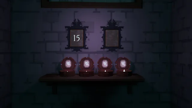 We Escaped a Twisted Game screenshot: two picture frames, one showing 15, above four heart medallions