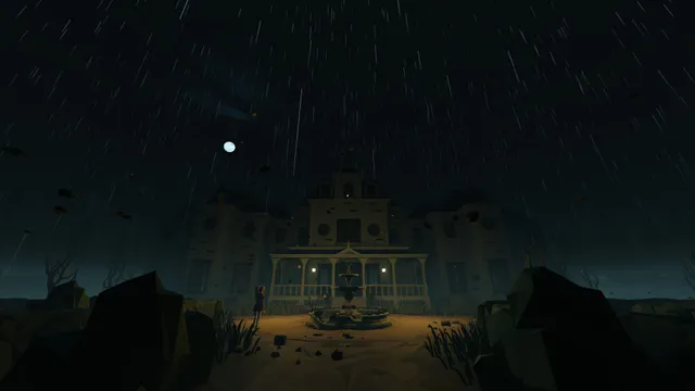 We Escaped a Twisted Game screenshot: the manor at night in the rain seen from its grounds