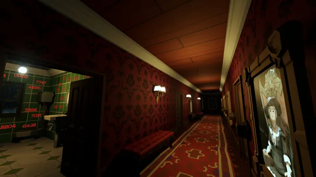 We Escaped a Twisted Game screenshot: a red-papered hallway with a portrait and a green-tiled side room