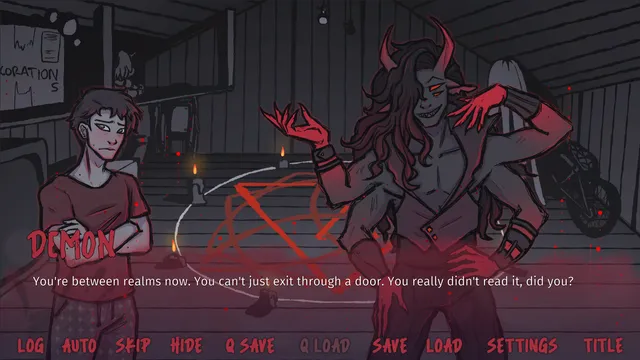 Weekend Ritual screenshot: the many-armed demon beside Liam in the attic, saying you are between realms now