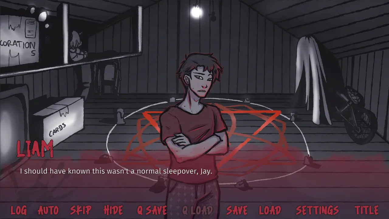 Weekend Ritual screenshot: Liam stands with arms crossed in an attic over a red summoning circle, saying this was not a normal sleepover