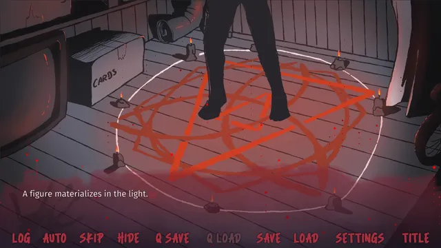 Weekend Ritual screenshot: a figure's legs appear in a glowing red pentagram ringed by candles, with the line A figure materializes in the light