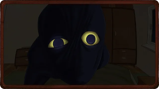Welcome, Dear Human screenshot: a close-up of the dark, draped creature's face and its two huge glowing yellow eyes in a dim bedroom