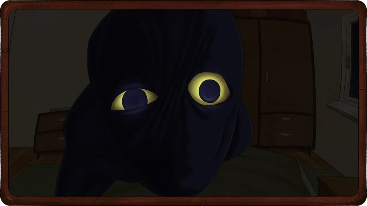 Welcome, Dear Human screenshot: a close-up of the dark, draped creature's face and its two huge glowing yellow eyes in a dim bedroom