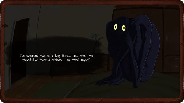 Welcome, Dear Human screenshot: the hunched creature crouches by a wardrobe in a dark bedroom and says it has observed you for a long time