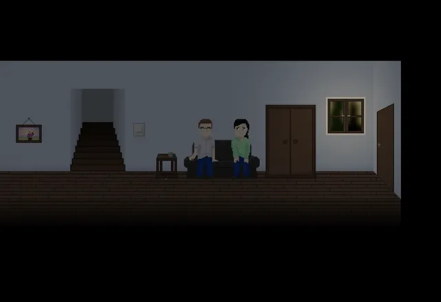 Welcome Home Jacob screenshot: Jacob and a woman sitting on a sofa in the lit living room beside the stairs