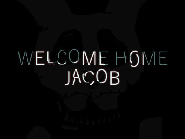 Welcome Home Jacob title art: the title in thin glowing letters over the shadowy face of a grinning rabbit-skulled creature