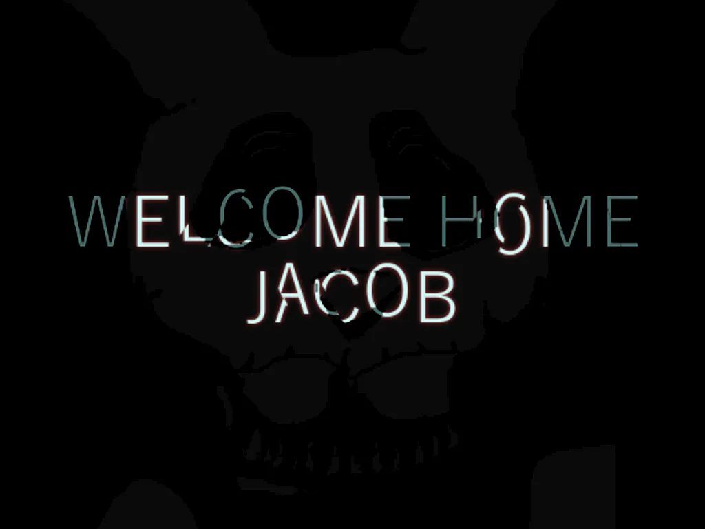 Welcome Home Jacob title art: the title in thin glowing letters over the shadowy face of a grinning rabbit-skulled creature