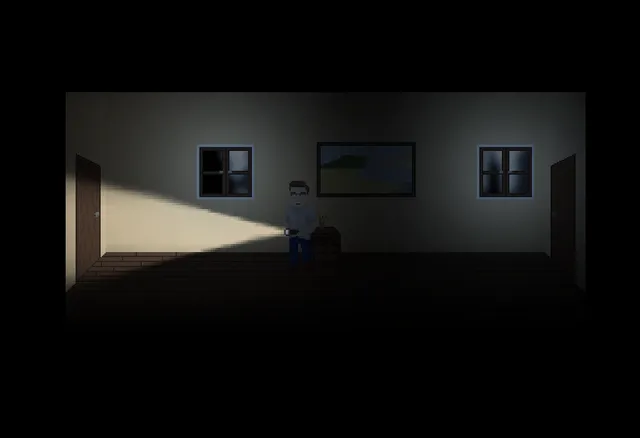 Welcome Home Jacob screenshot: Jacob, in glasses, shines a torch across a dark room with two doors and two windows