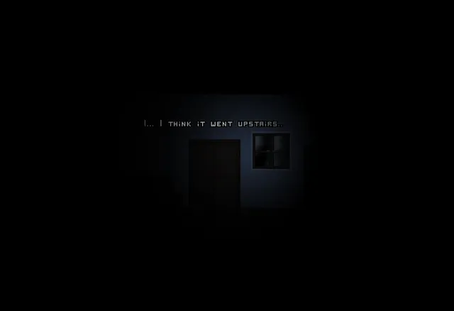 Welcome Home Jacob screenshot: a nearly black room with a wardrobe and the words I think it went upstairs