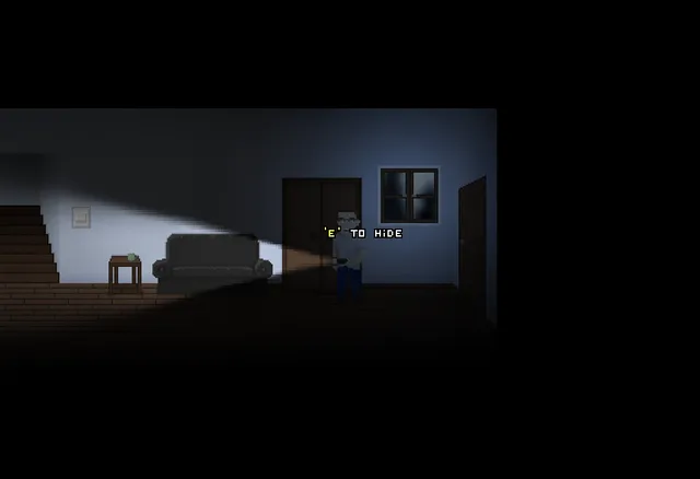 Welcome Home Jacob screenshot: Jacob by a wardrobe in the dark living room, with the prompt E to hide