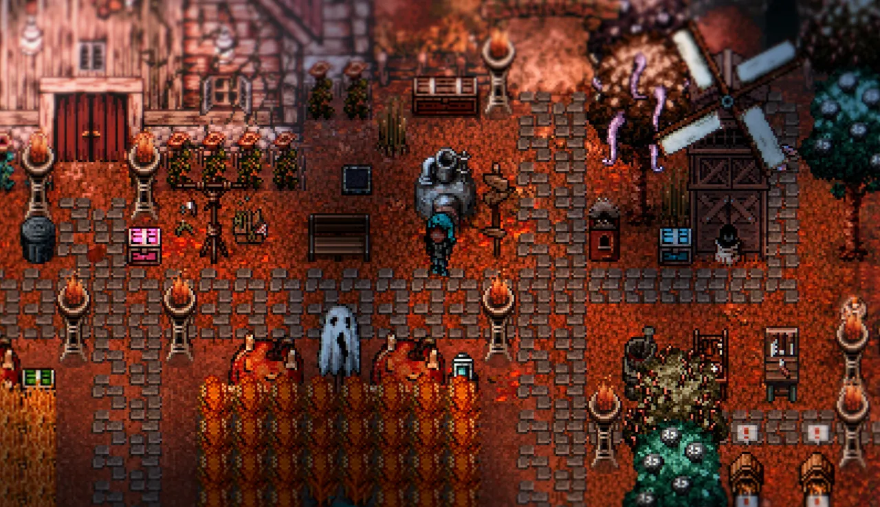 Welcome to Elderfield screenshot: a pixel-art farm in autumn colours with a windmill, pumpkins, a ghost and tentacles rising behind the barn