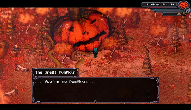 Welcome to Elderfield screenshot: a huge grinning pumpkin with vines speaks to the player in an orange field