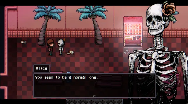 Welcome to Elderfield screenshot: a skeleton named Alice with a flower in her hair talks to the player in a pink-tiled room