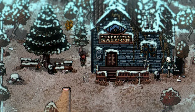 Welcome to Elderfield screenshot: the snowy town square outside the Elderfield Saloon, with a skeleton by the door