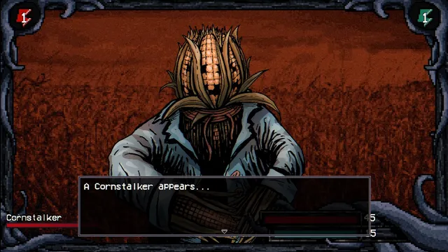 Welcome to Elderfield screenshot: a turn-based battle against the Cornstalker, a man with a husk of corn for a head