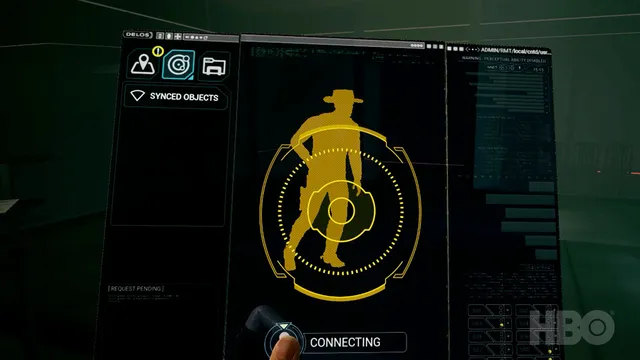 Kate's tablet interface showing a silhouette of a cowboy host and the word Connecting
