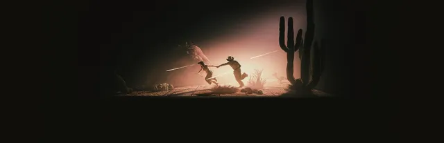Westworld Awakening key art: silhouettes of a cowboy pulling a woman by the hand as they run through a red-lit desert by a cactus