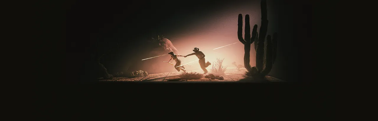 Westworld Awakening key art: silhouettes of a cowboy pulling a woman by the hand as they run through a red-lit desert by a cactus