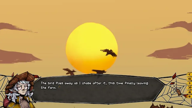 The scarecrow chases a bird toward a huge setting sun, finally leaving the farm