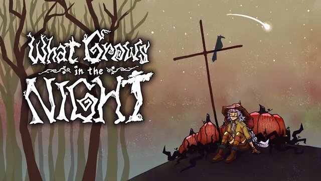What Grows in the Night title art: the scarecrow girl sits among pumpkins under a bare cross-shaped post with a crow, a shooting star in the dusk sky