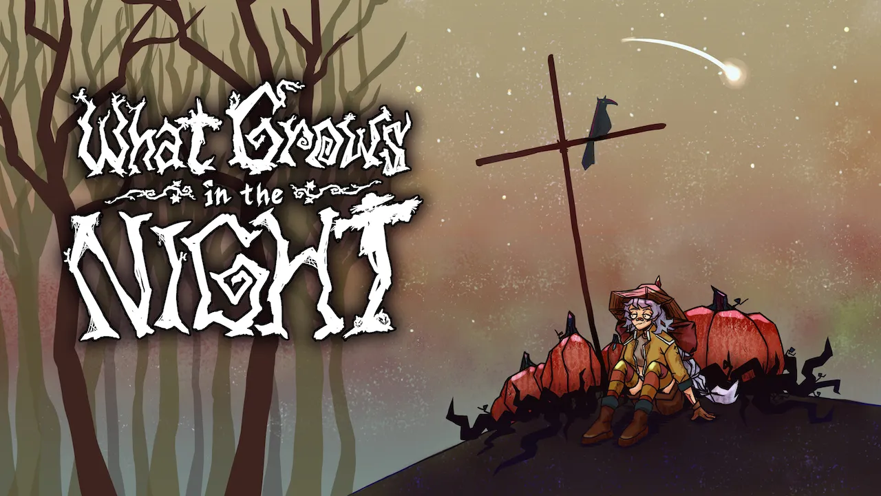 What Grows in the Night title art: the scarecrow girl sits among pumpkins under a bare cross-shaped post with a crow, a shooting star in the dusk sky