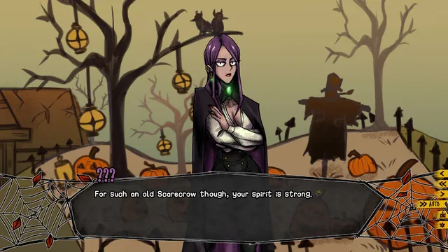 A purple-haired woman in a dark cloak stands before a scarecrow among lanterns and pumpkins, saying the old scarecrow's spirit is strong