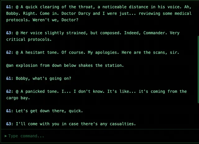 What happened to the crew? screenshot: a log transcript in which an explosion shakes the station and the crew head for the cargo bay
