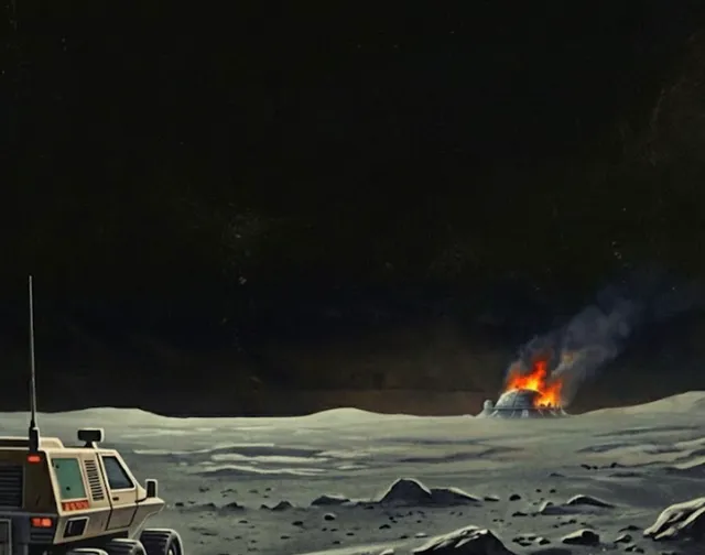 What happened to the crew? cover: a rover on a grey lunar plain with a burning station dome in the distance