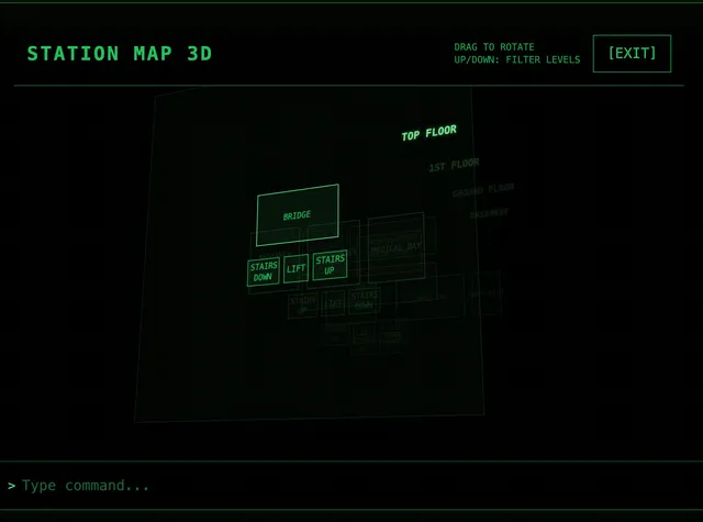 What happened to the crew? screenshot: a wireframe 3D map of the station's floors with the bridge, lift and stairs