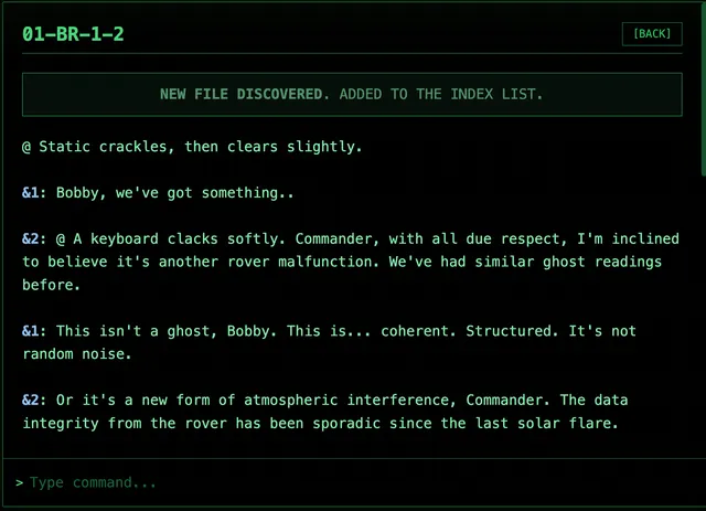 What happened to the crew? screenshot: a green terminal showing a newly discovered log, the crew discussing a strange coherent signal