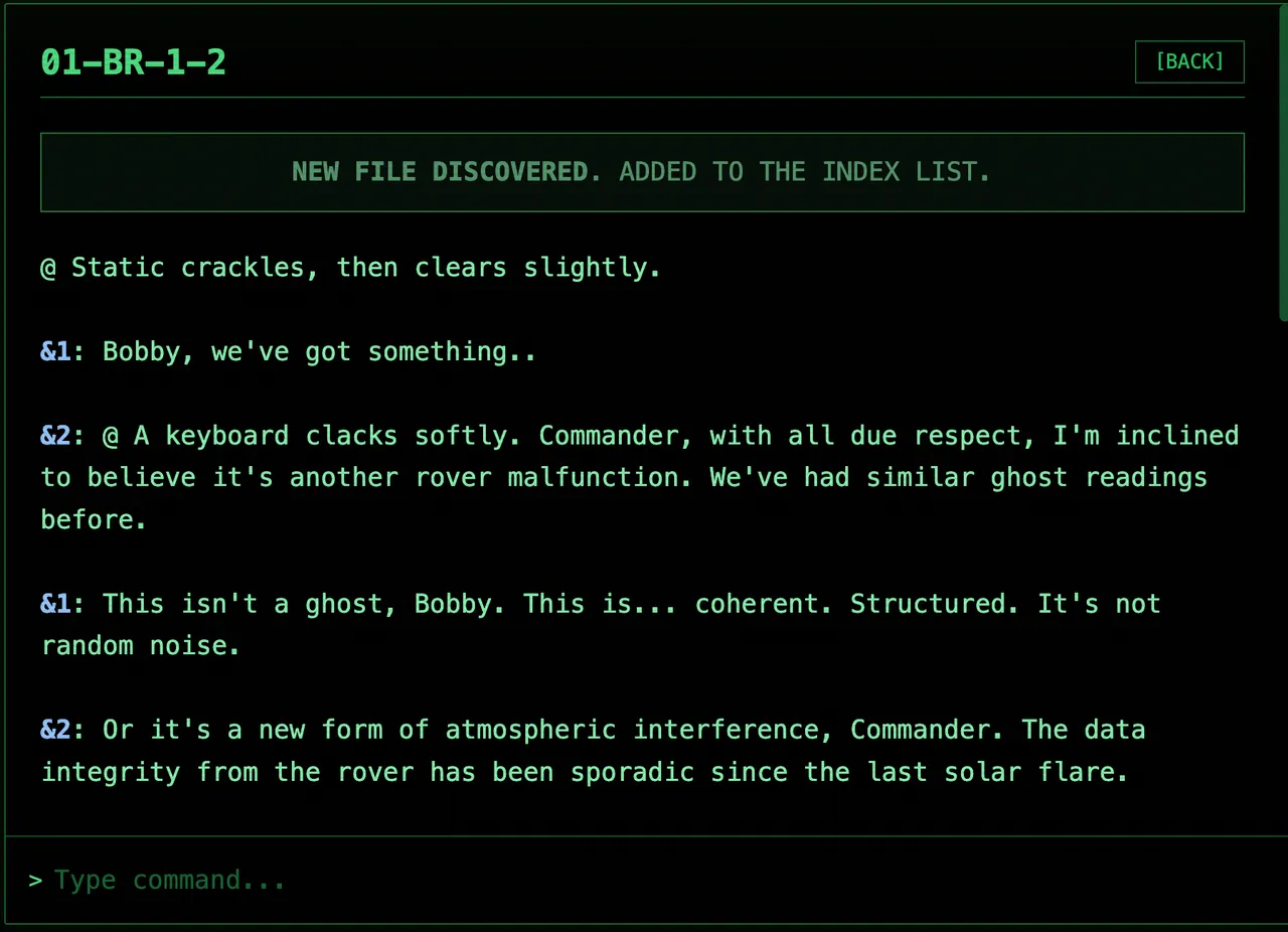 What happened to the crew? screenshot: a green terminal showing a newly discovered log, the crew discussing a strange coherent signal