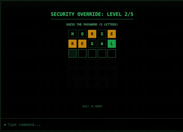 What happened to the crew? screenshot: a security override password puzzle, guessing five-letter words in a grid