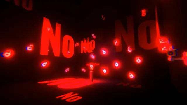 When the Darkness comes screenshot: huge red letters spelling No fill a dark room lit by red lights