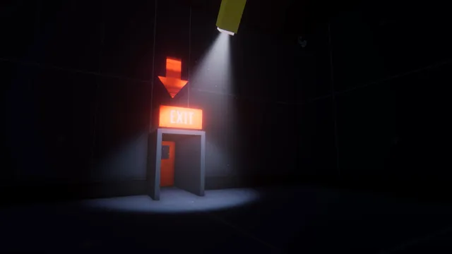 When the Darkness comes screenshot: a lone doorway with a red EXIT sign and an arrow under a spotlight in a black room
