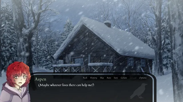Where Winter Crows Go screenshot: red-haired Aspen sees a snowed-in log cabin in the woods during a blizzard