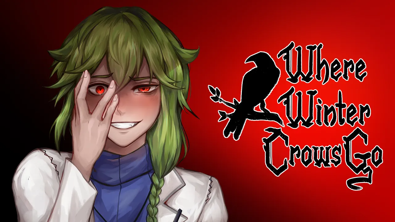 Where Winter Crows Go key art: green-haired Crowe in a lab coat grins with red eyes through his fingers beside the title and a crow silhouette on red