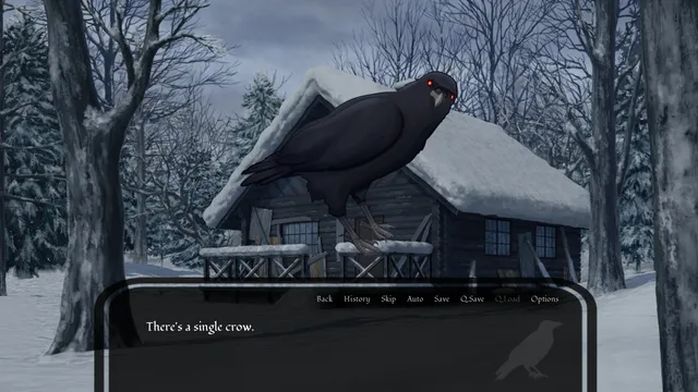 Where Winter Crows Go screenshot: a large crow with glowing red eyes perches on the cabin porch rail in the snow