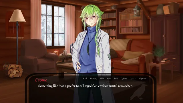 Where Winter Crows Go screenshot: Crowe stands in his cabin's living room and calls himself an environmental researcher