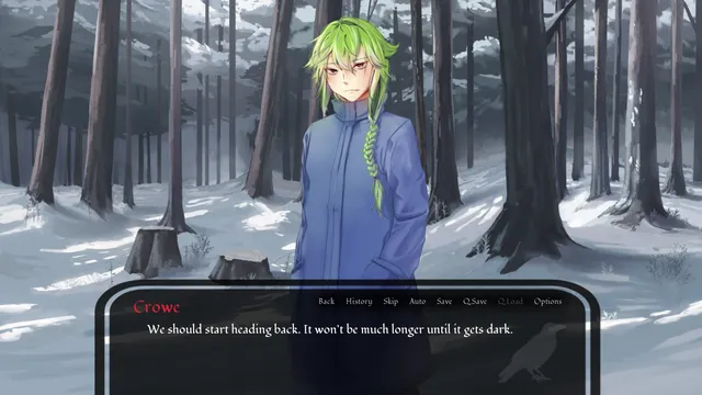 Where Winter Crows Go screenshot: Crowe in a winter coat in the snowy forest says they should head back before dark