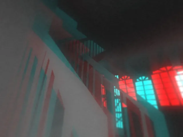 Which screenshot in its red and cyan 3D mode: looking up a staircase with railings toward tall arched windows in a dark house