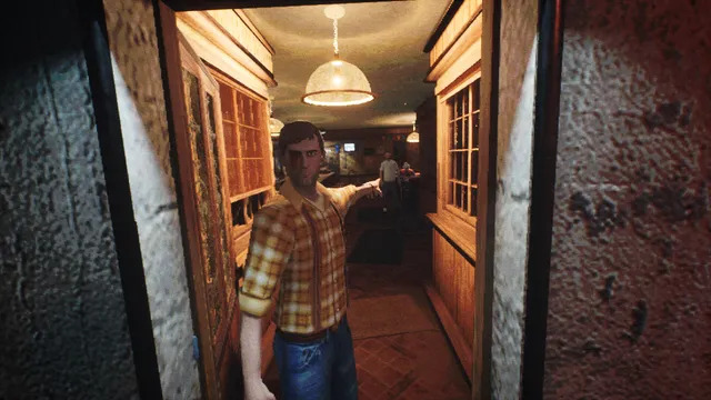 A man in a plaid shirt stands in a narrow doorway leading back into the diner