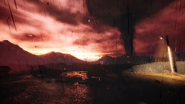 A blood-red sky and a dark storm cloud over mountains outside the diner, seen through rain